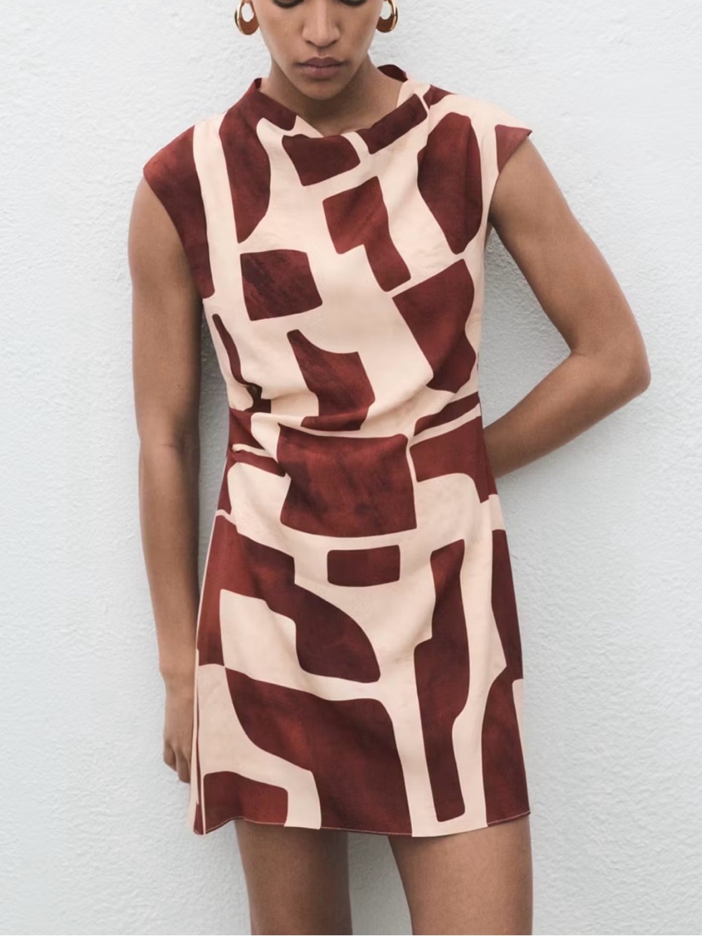 Mango Brown & Cream Abstract Draped Mini Dress